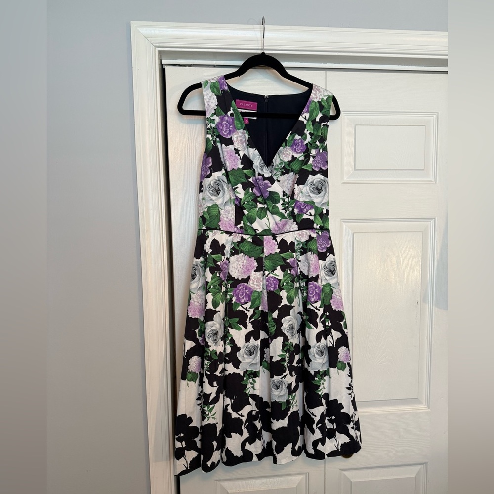 Talbots Black Floral Dress with Purple and Green Accents